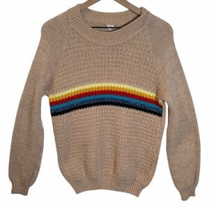 Vintage 90s Rainbow Stripe Knit Sweater Retro Y2K Fitted Crew Neck Neutral Cozy